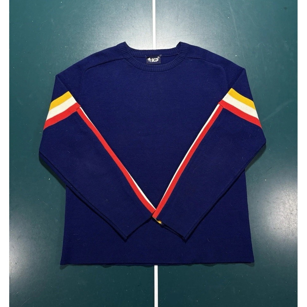 Vintage 80s Ribbed Striped Crewneck Sweater Men's Large Blue White Ski Retro